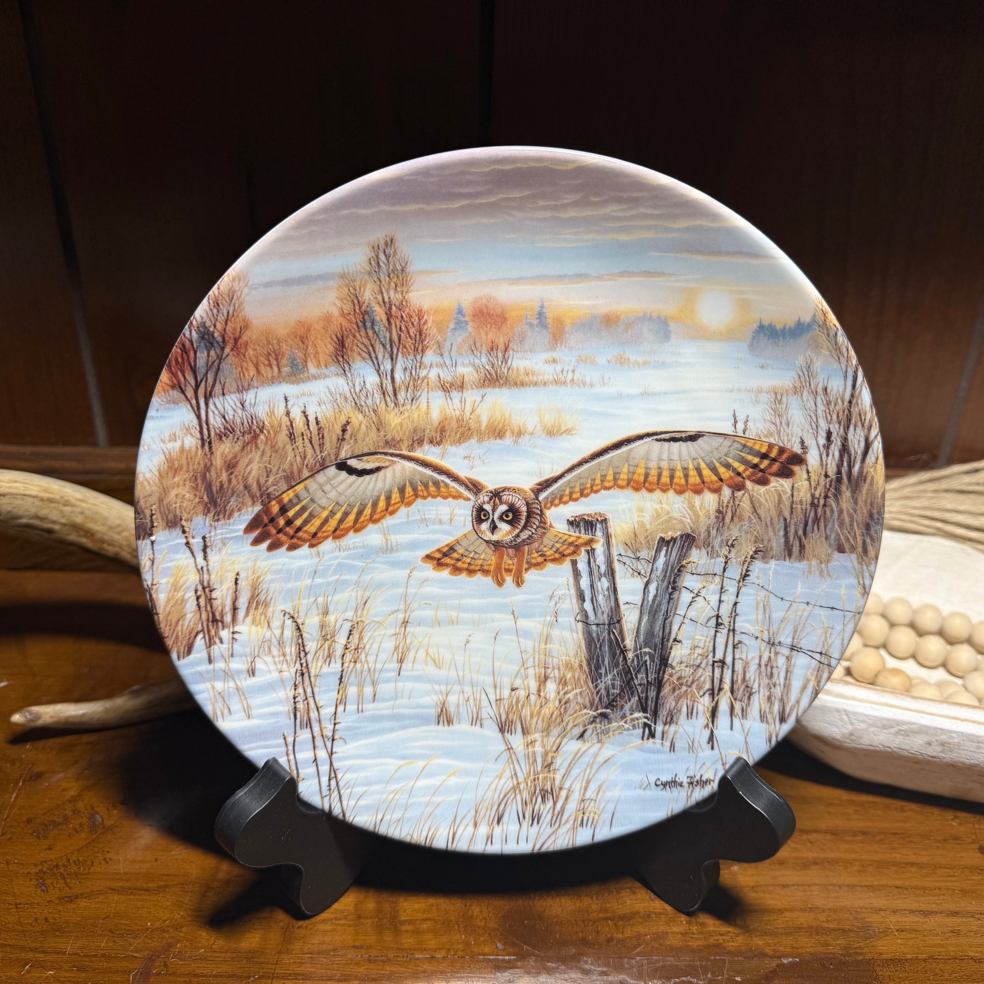 Wild Feathered Finds “Day’s End” Owl Plate by Cynthia Fisher, Spirit of the Sky series, W.S. George, showing detailed owl design.