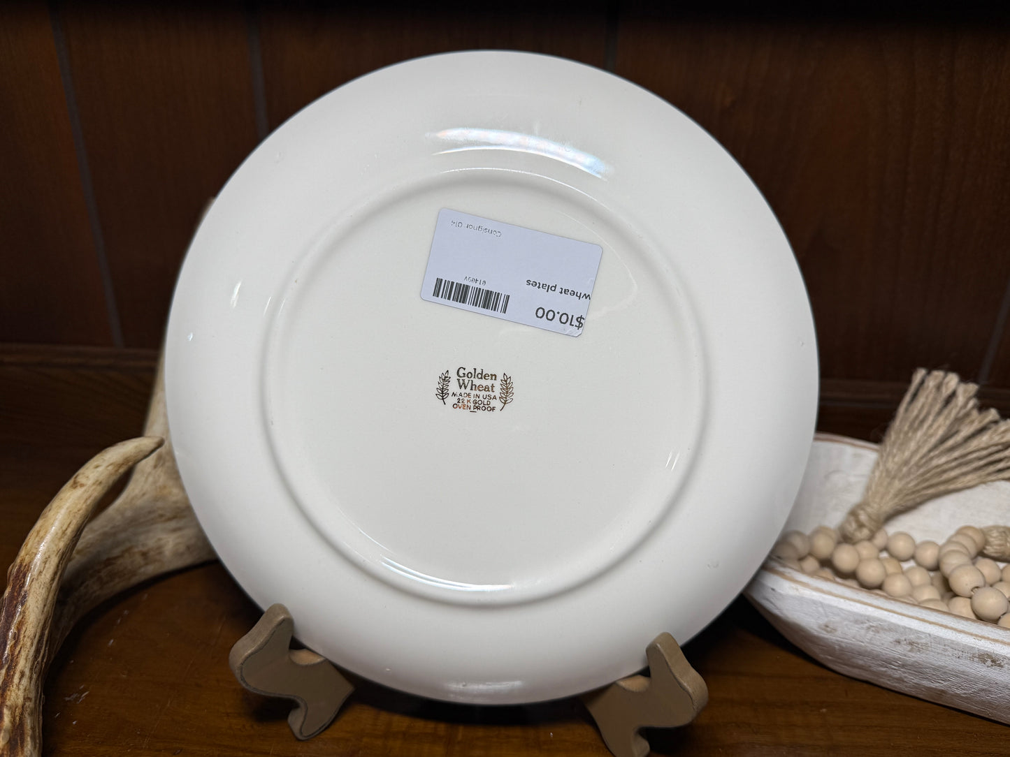 Golden Wheat dinner plate with 22K gold trim from Wild Feathered Finds, oven-proof, made in the USA, featuring a wheat design.