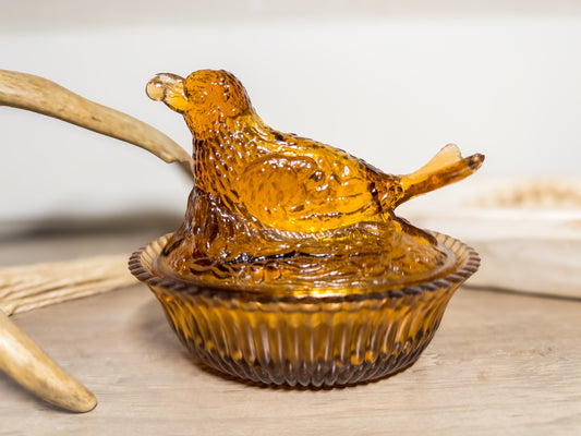 Vintage Amber Glass Hen on Nest Covered Dish | Farmhouse Fall Chicken Decor
