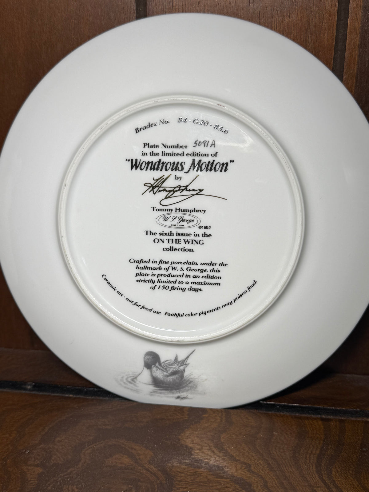 Vintage 1992 W.S. George Wondrous Motion Duck collector plate by Wild Feathered Finds, featuring detailed duck artwork.