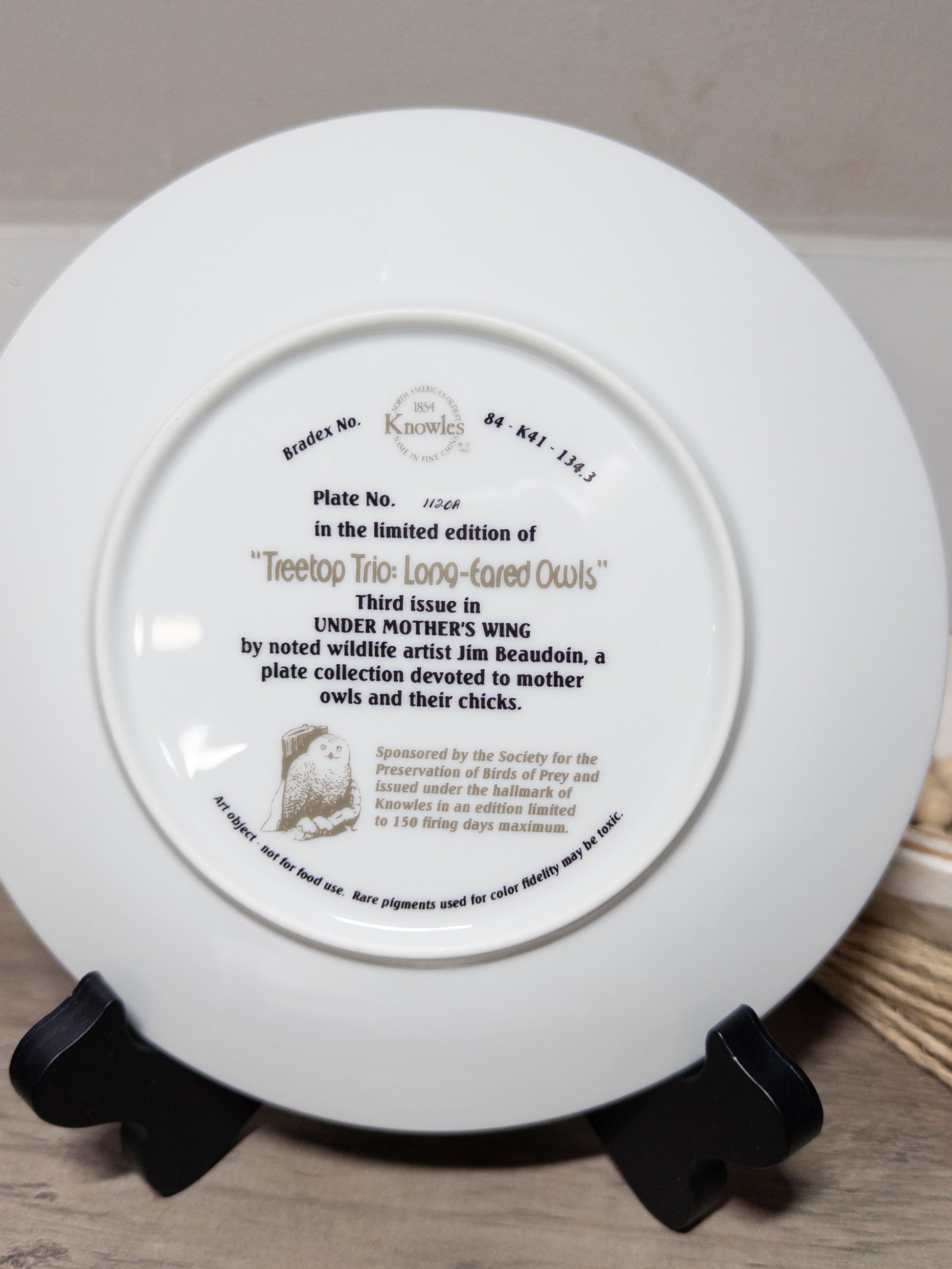 Long-eared owls collector plate from Jim Beaudoin's Treetop Trio series by Knowles China, featuring detailed owl artwork under Mother’s Wing.