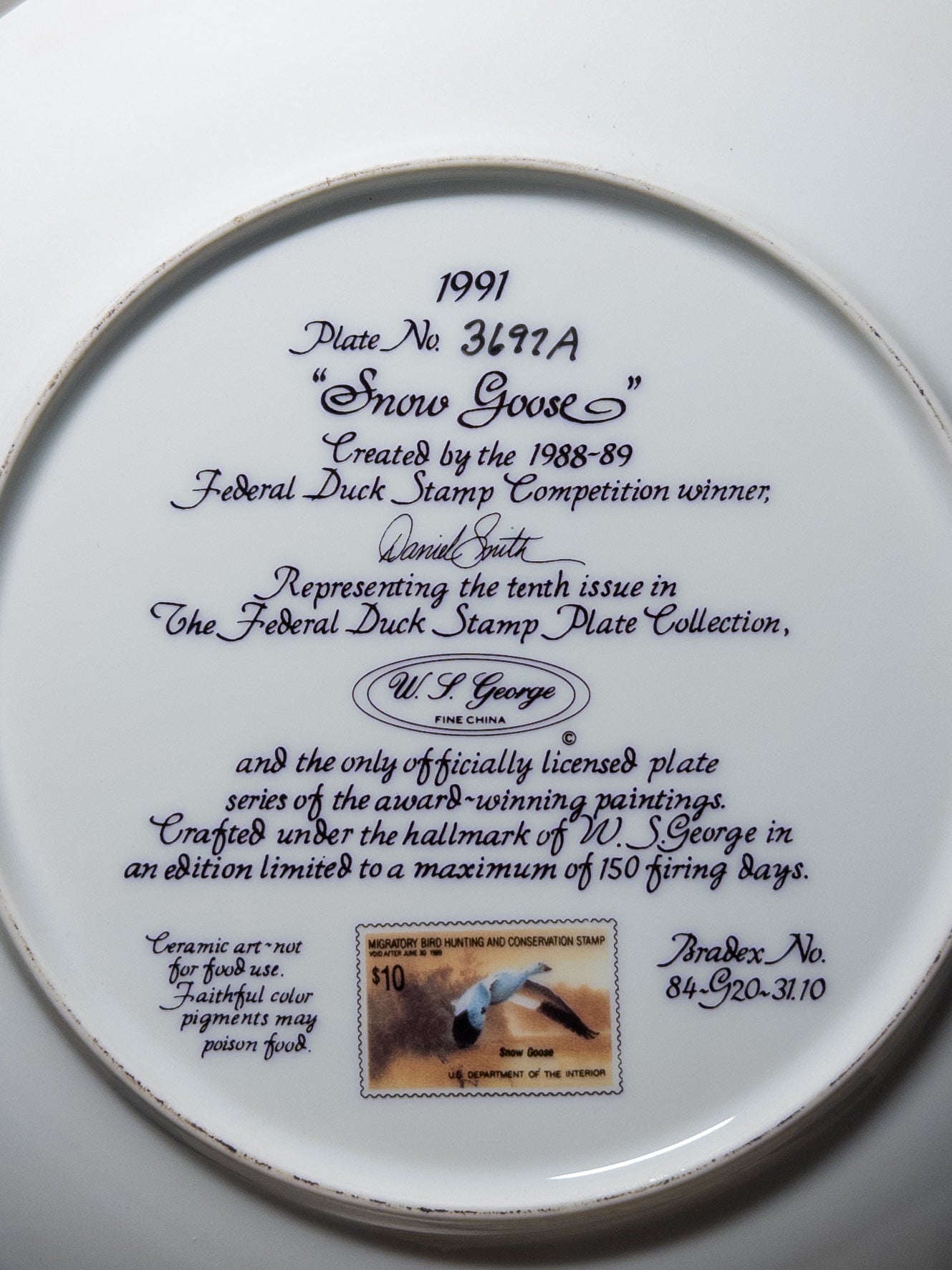 Snow Goose Federal Duck Stamp Plate 1991 by Daniel Smith, featuring a detailed illustration of a snow goose.