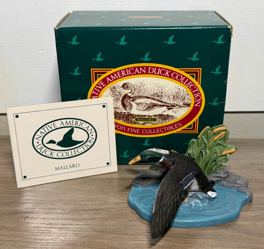 Vintage Avon mallard duck figurine from Wild Feathered Finds, Native American-themed collectible with original box.