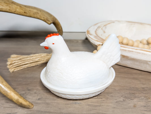Vintage Milk Glass Hen on Nest Covered Dish | Farmhouse Chicken Decor