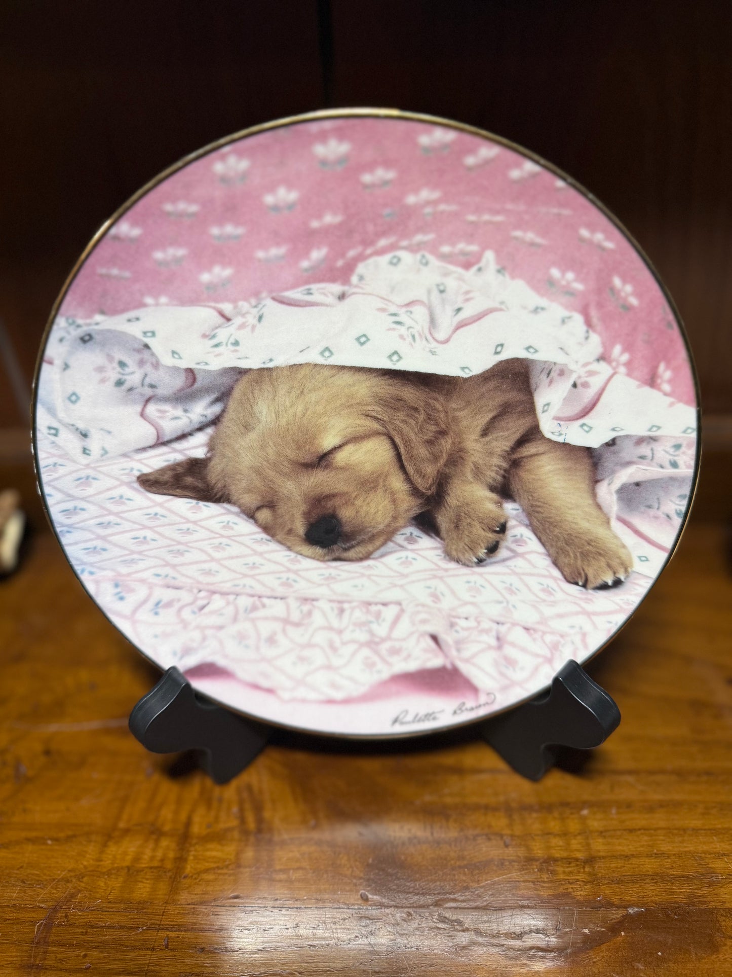 Golden puppy portrait collector plate titled “Do Not Disturb!” by Paulette Braun, featuring a detailed puppy illustration, from Hamilton Collection.