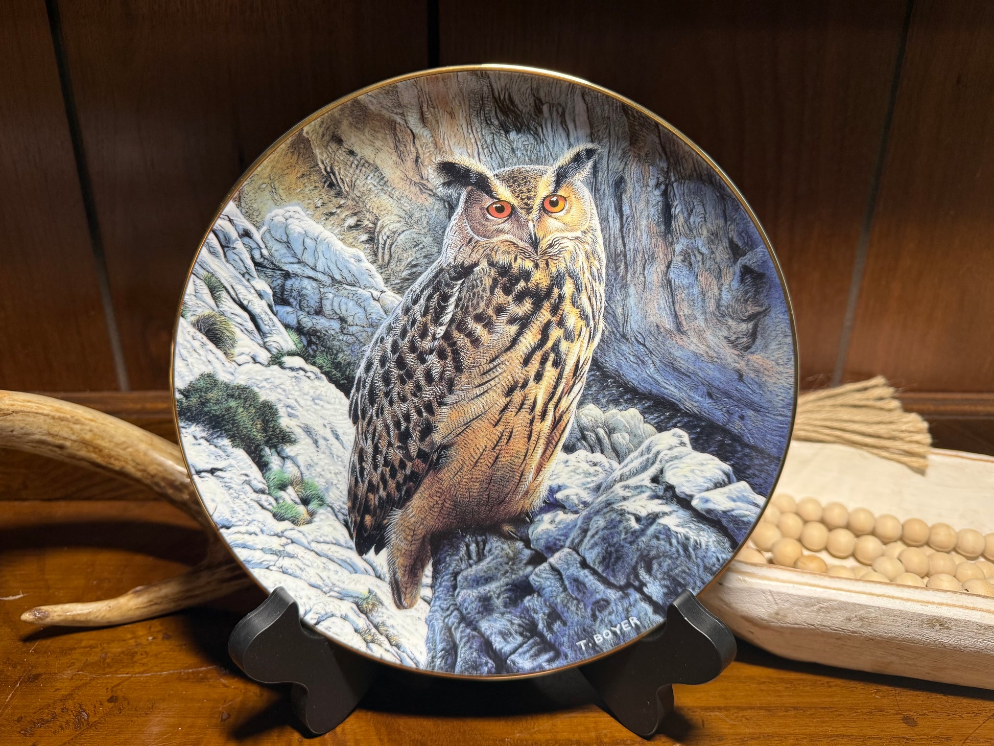 Wild Feathered Finds Mountain Vigil Eagle Owl collector plate featuring detailed artwork by Trevor Boyer with Certificate of Authenticity