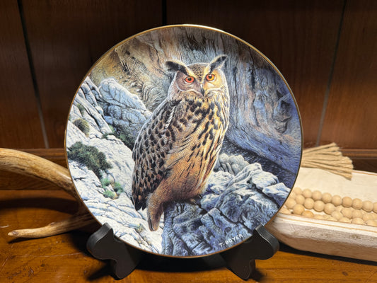 Wild Feathered Finds Mountain Vigil Eagle Owl collector plate featuring detailed artwork by Trevor Boyer with Certificate of Authenticity