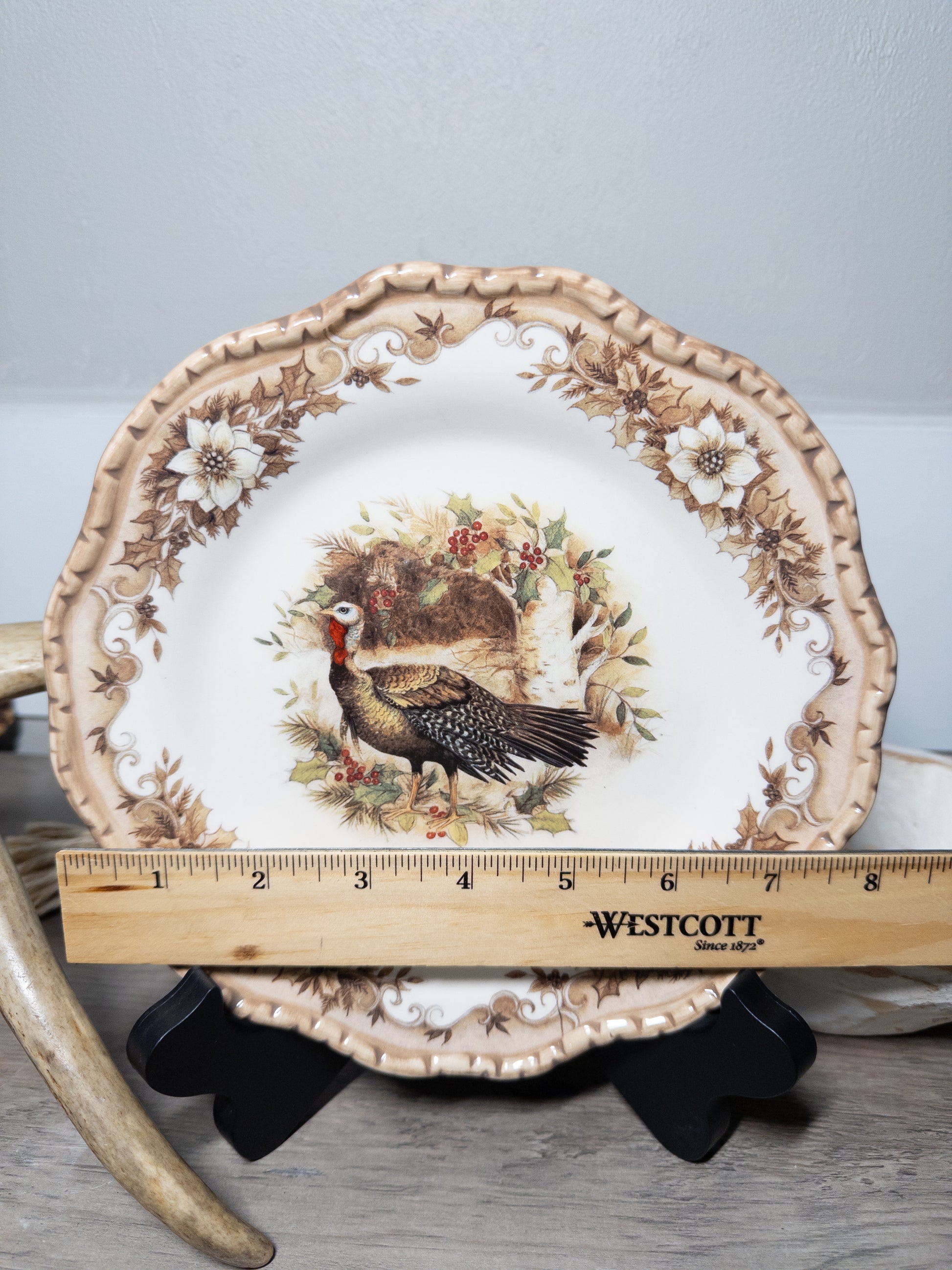 Cracker Barrel Wild Turkey Autumn Harvest stoneware plate with scalloped edge, featuring a wild turkey design by Wild Feathered Finds.