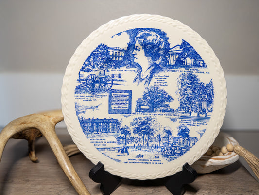 Vintage Athens Georgia souvenir plate featuring University of Georgia theme by Vernon Kilns, displayed with detailed scenic artwork.