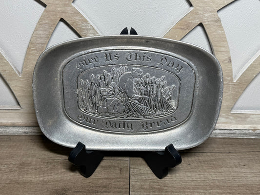 Vintage pewter bread tray with "Give Us This Day Our Daily Bread" inscription, rustic farmhouse decor by Wild Feathered Finds.