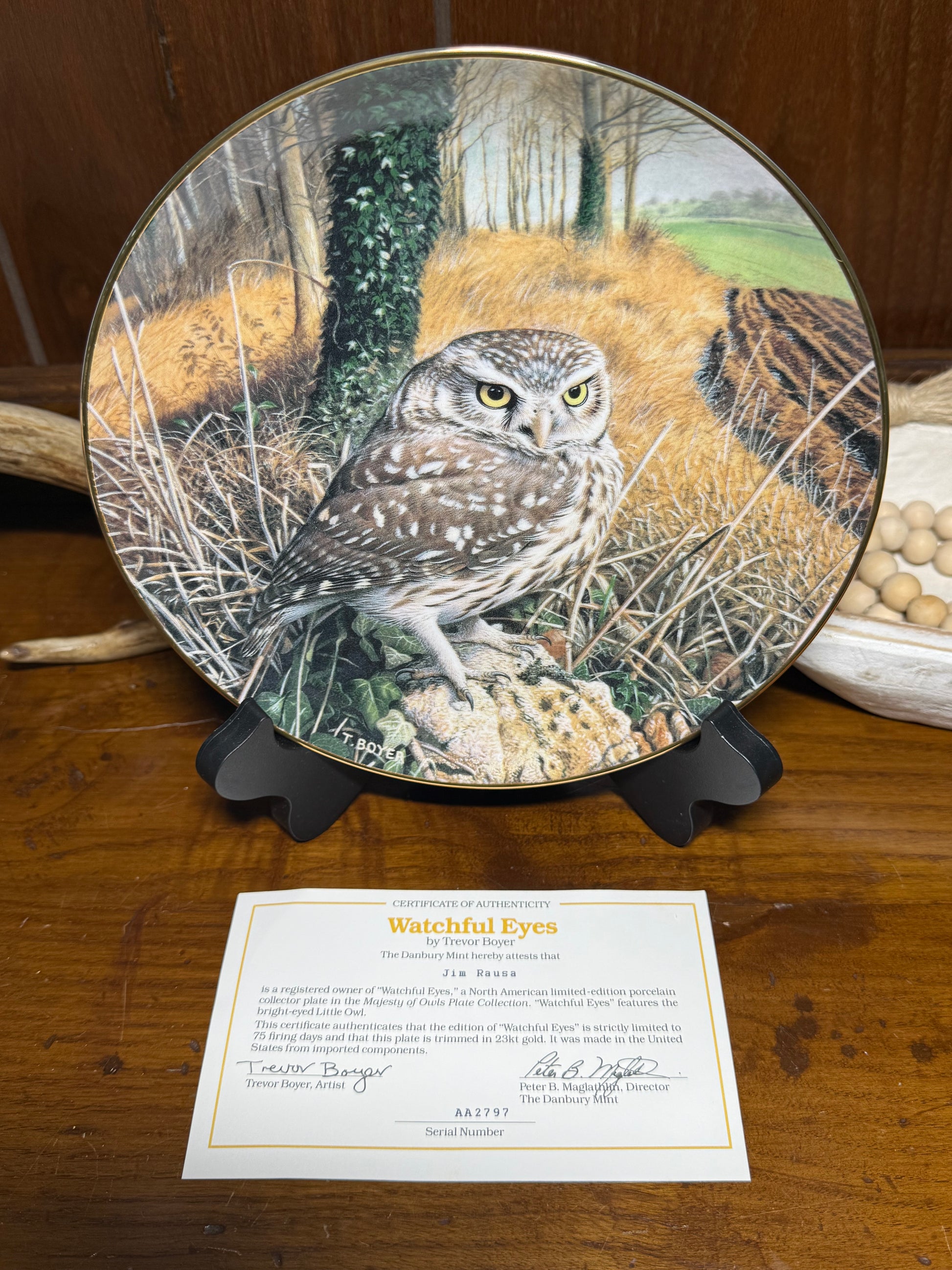 Wild Feathered Finds "Watchful Eyes" Owl collector plate by Trevor Boyer, featuring detailed owl imagery and a certificate of authenticity.