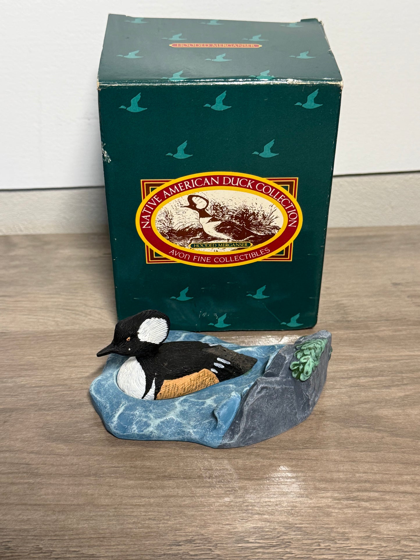 Vintage Avon hooded merganser duck figurine from Wild Feathered Finds, part of the Native American collection with box, 1989.