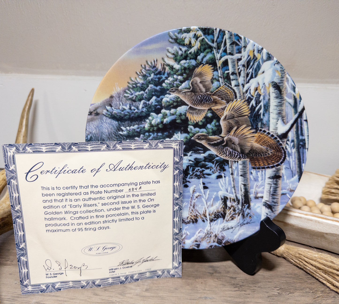 Upland game bird collector plate titled “Early Risers” by Wilhelm J. Goebel, featuring detailed bird illustrations on porcelain.