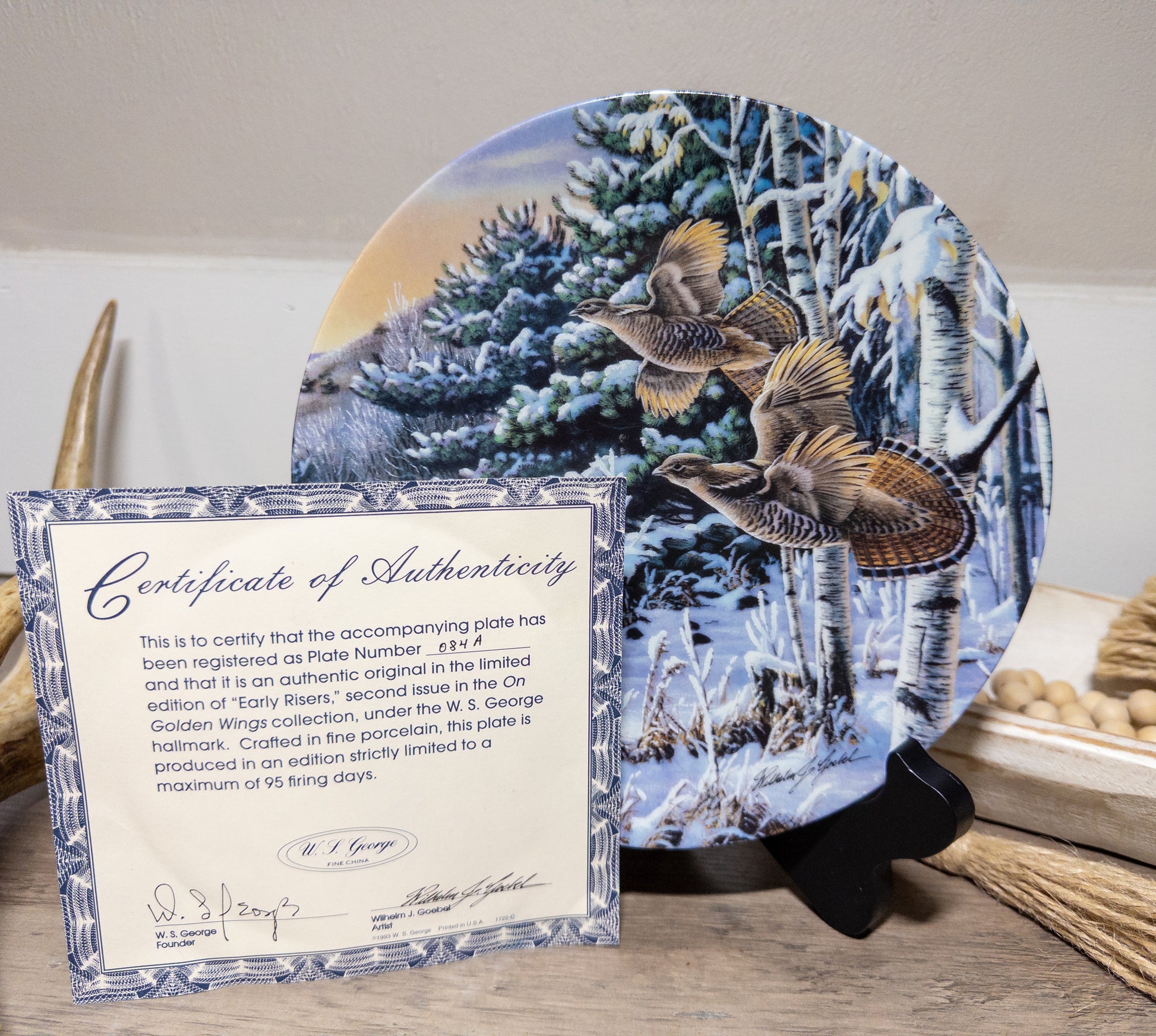 Upland game bird collector plate titled “Early Risers” by Wilhelm J. Goebel, featuring detailed bird illustrations on porcelain.