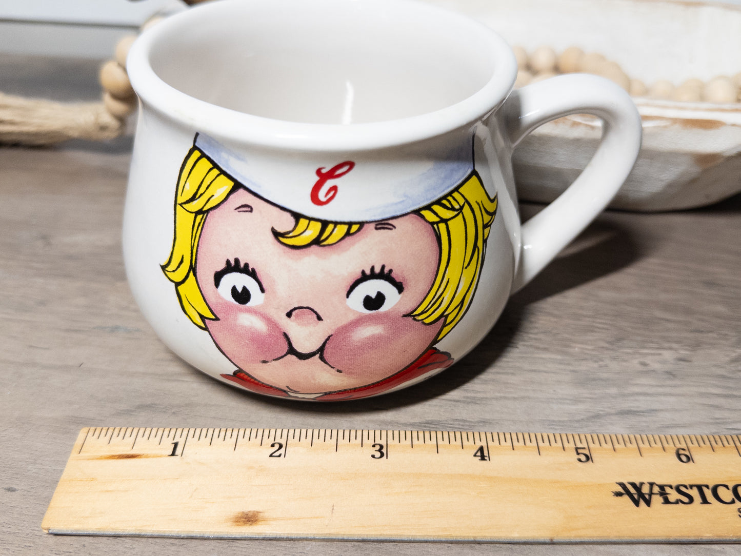 Vintage Campbell Soup Kids mug from 1998 by Wild Feathered Finds, featuring colorful Houston Harvest ceramic design.