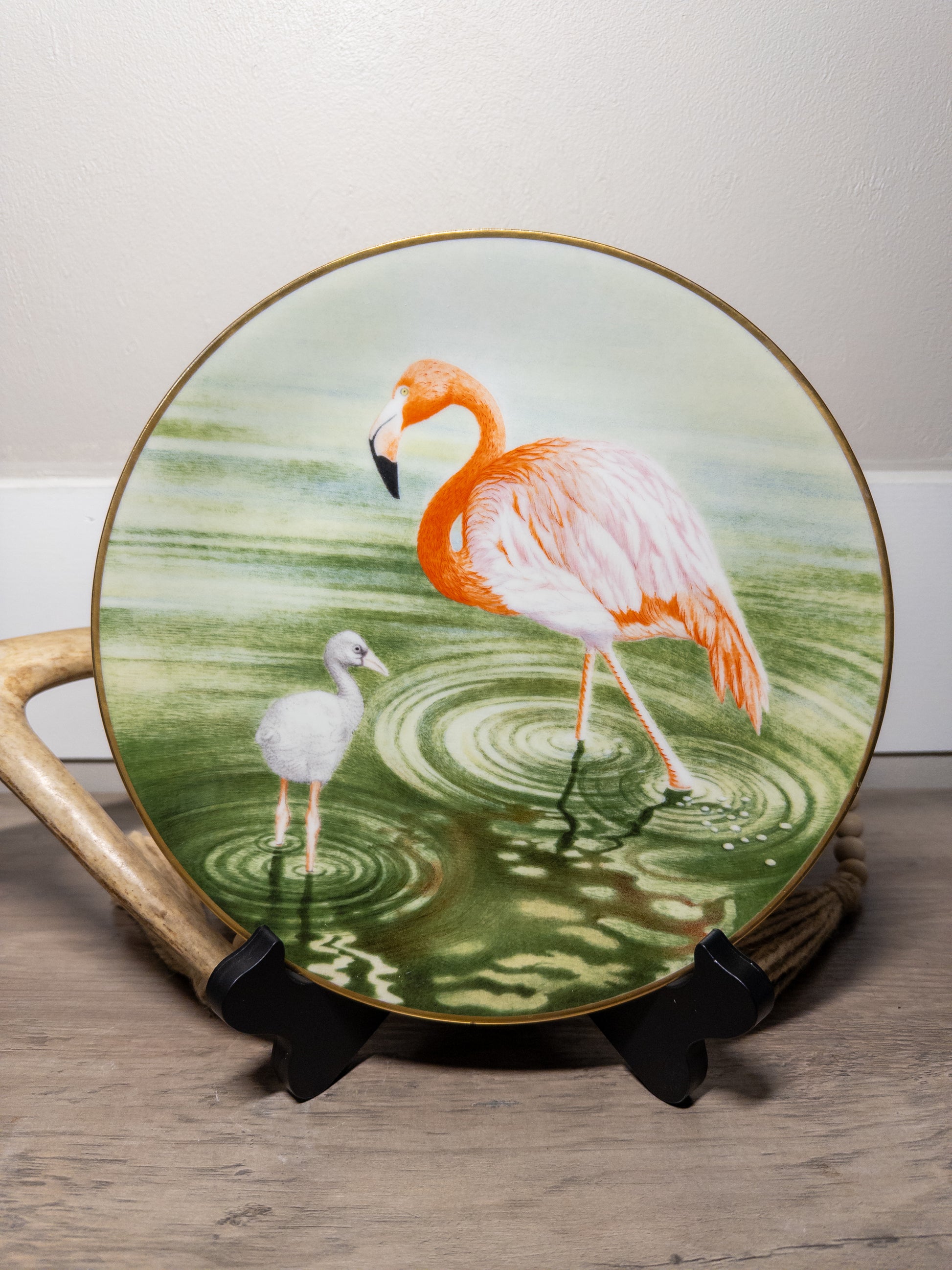 Wild Feathered Finds Danbury Mint Waterbird Plate featuring a flamingo design, 9.5-inch limited edition porcelain plate.