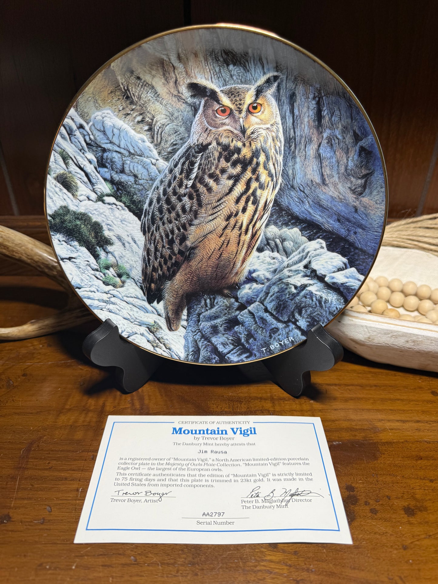 Wild Feathered Finds "Mountain Vigil" Eagle Owl collector plate featuring detailed owl artwork and a certificate of authenticity.