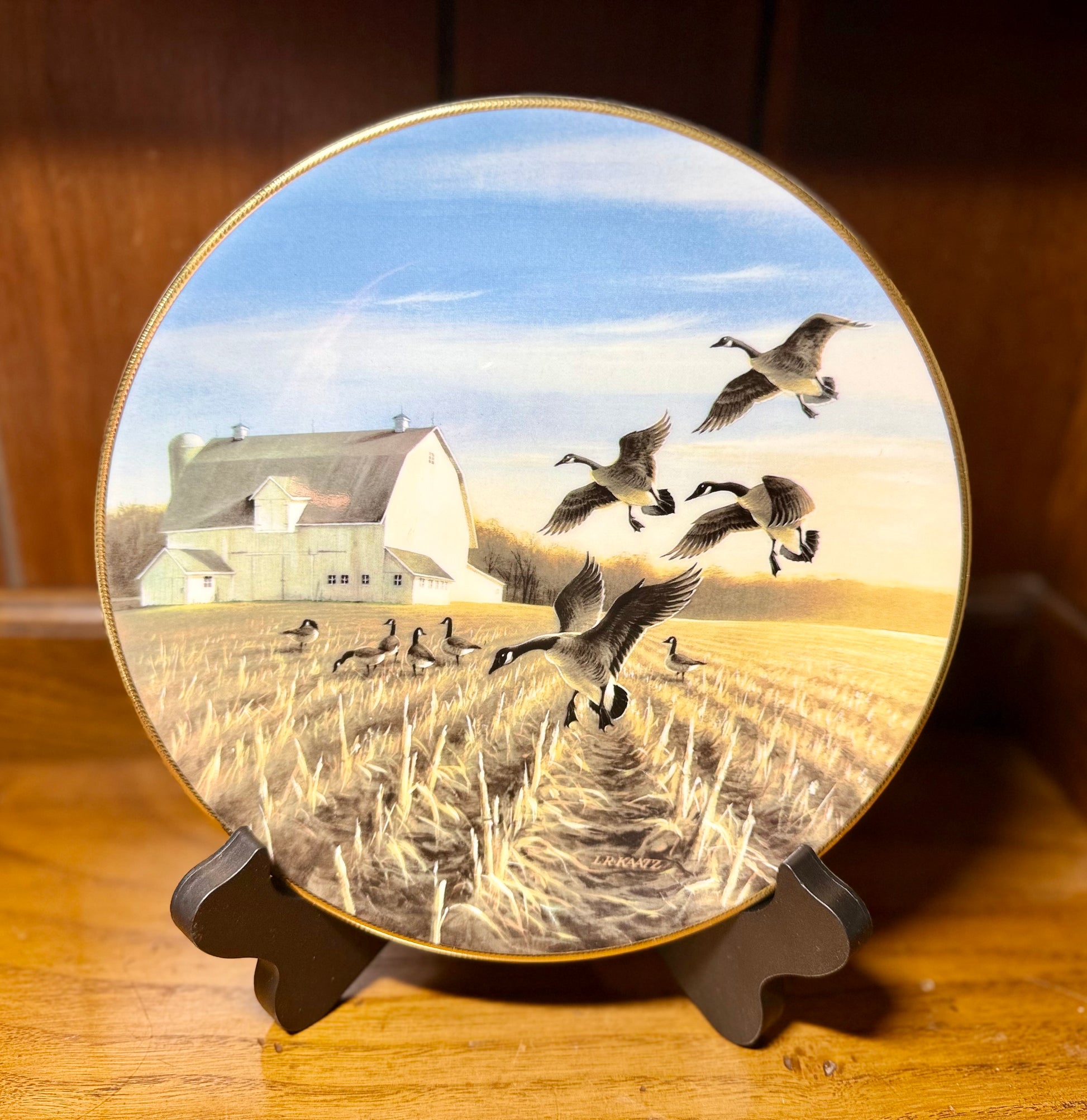 Ducks Unlimited Canada Geese in the Autumn Field decorative plate by Lynn Kaatz, 1988, from Wild Feathered Finds collection.