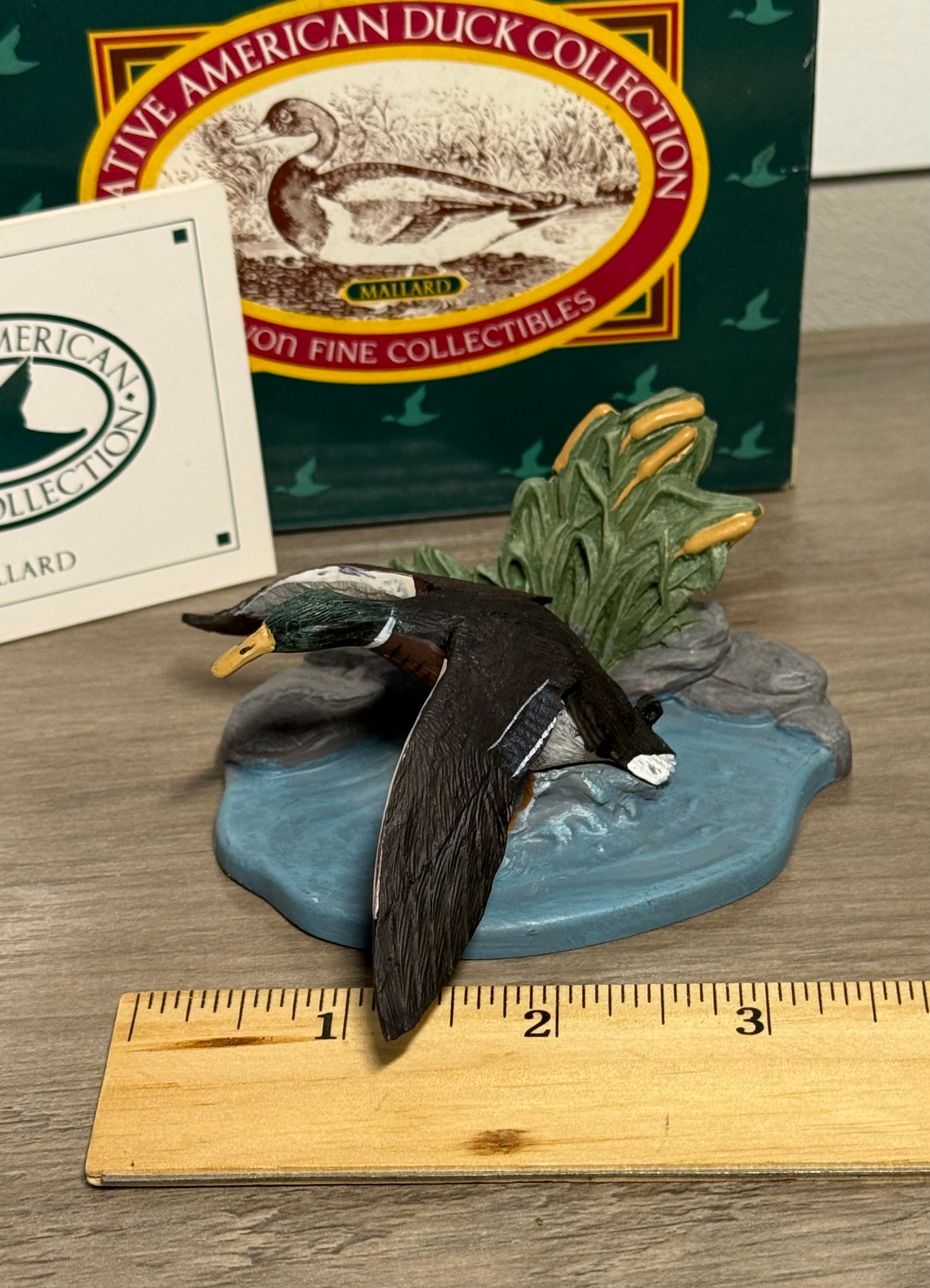 Vintage Avon mallard duck figurine from Wild Feathered Finds, part of Native American duck collection with display box.