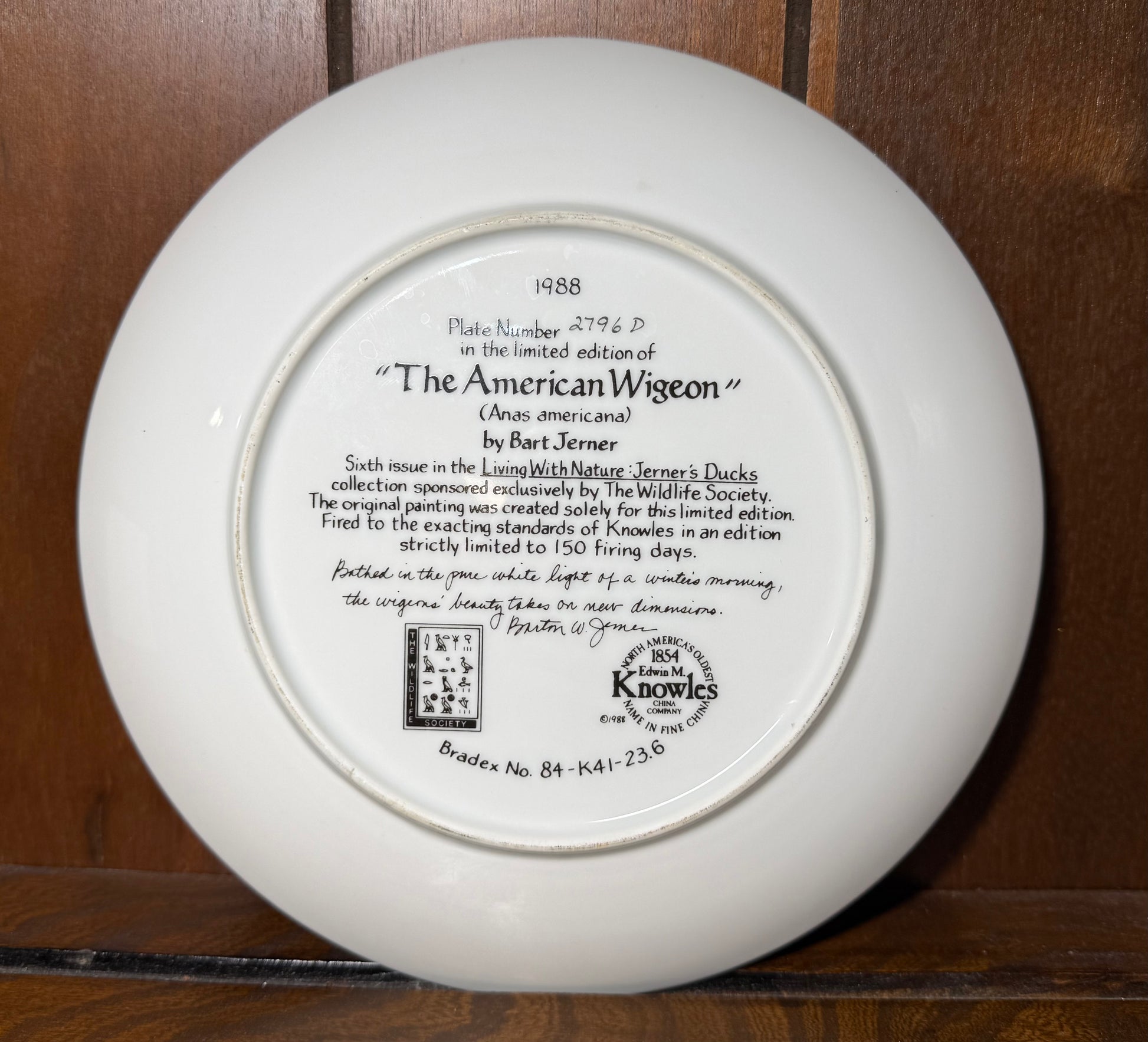 Vintage 1988 Knowles American Wigeon collector plate by Bart Jerner, featuring detailed bird artwork from Wild Feathered Finds.