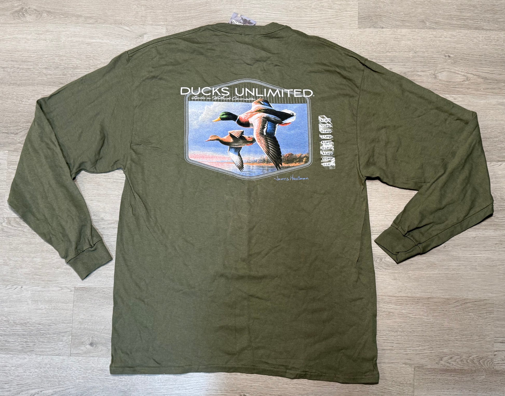 Olive green Ducks Unlimited Mallard Duck long sleeve graphic T-shirt by Wild Feathered Finds, featuring waterfowl hunting design.