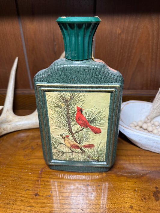 Vintage Jim Beam bird decanter featuring James Lockhart cardinal artwork, collectible glass decanter with detailed bird design.