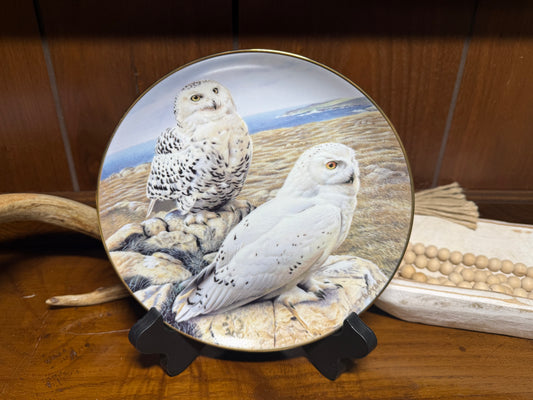 Wild Feathered Finds Arctic Royalty snowy owl collector plate by Trevor Boyer featuring detailed owl design and certificate of authenticity