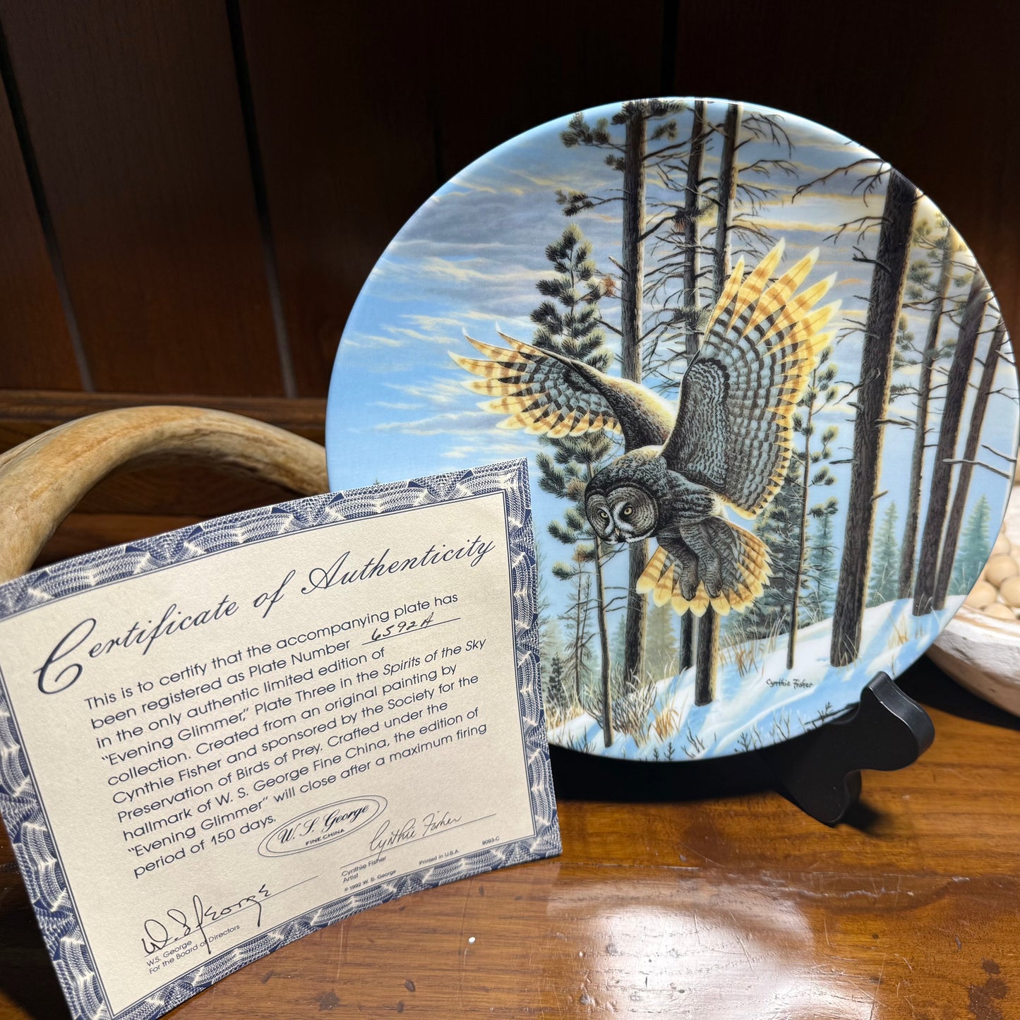 Wild Feathered Finds ceramic owl plate titled "Evening Glimmer" by Cynthia Fisher, featuring detailed owl design and vibrant colors.
