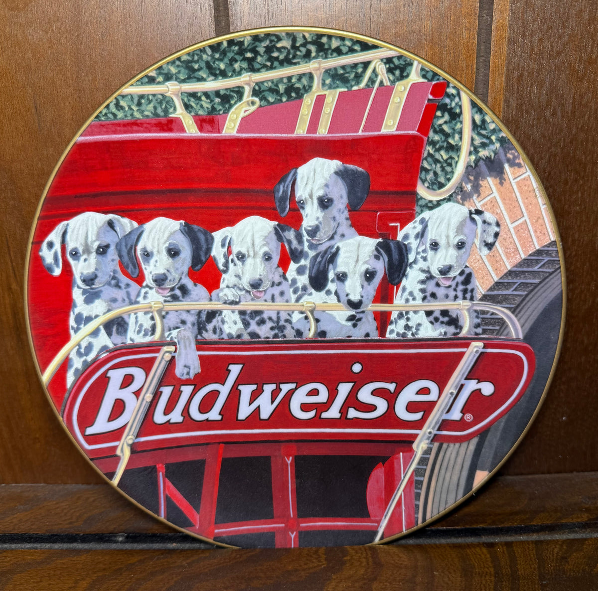 Vintage 1991 Budweiser six pack Dalmatian puppies collector plate by Marlowe Urdahl, featuring detailed dalmatian puppy artwork.