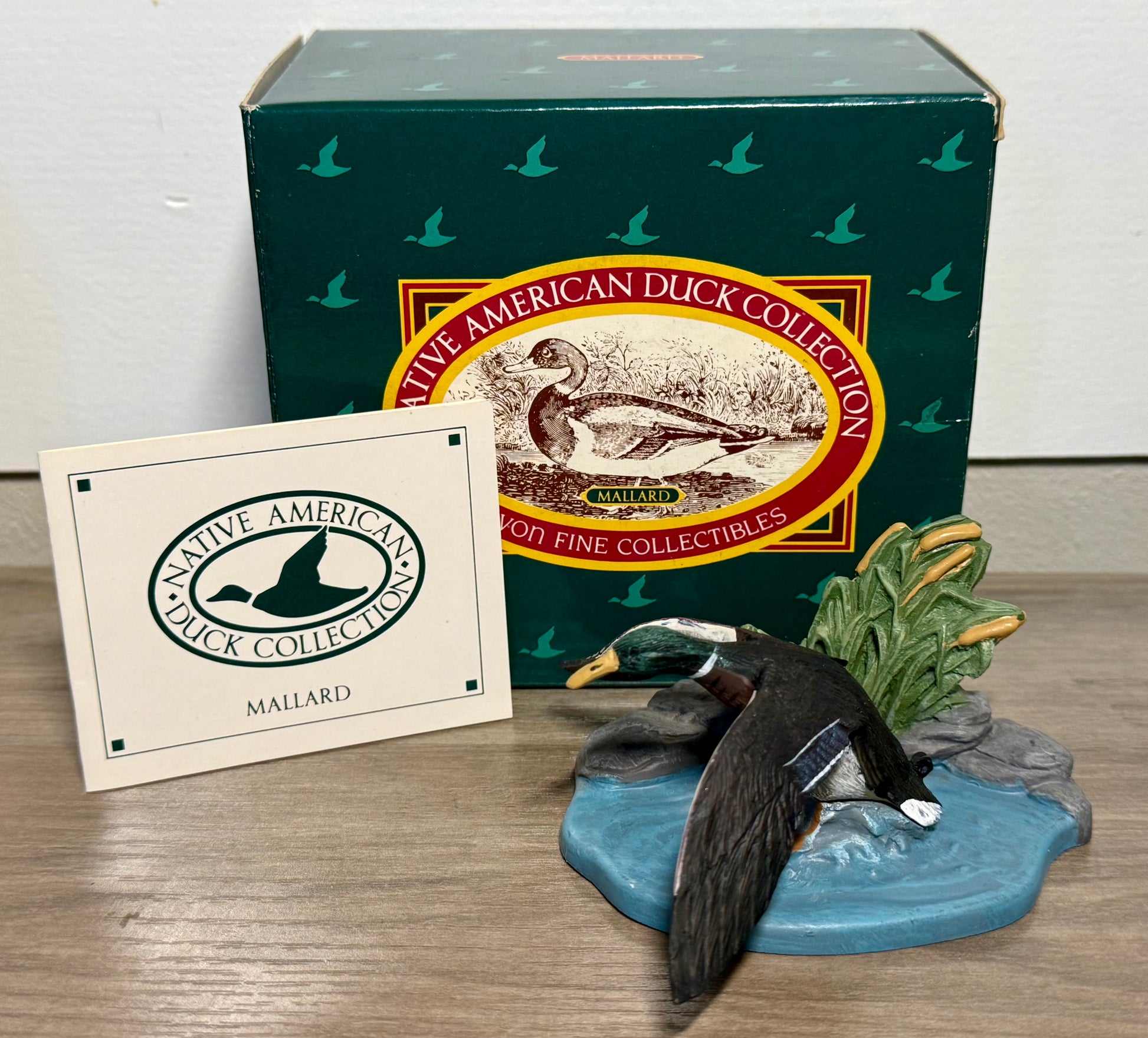 Vintage Avon Mallard Duck figurine from Wild Feathered Finds, Native American-themed collectible with box, 1989.
