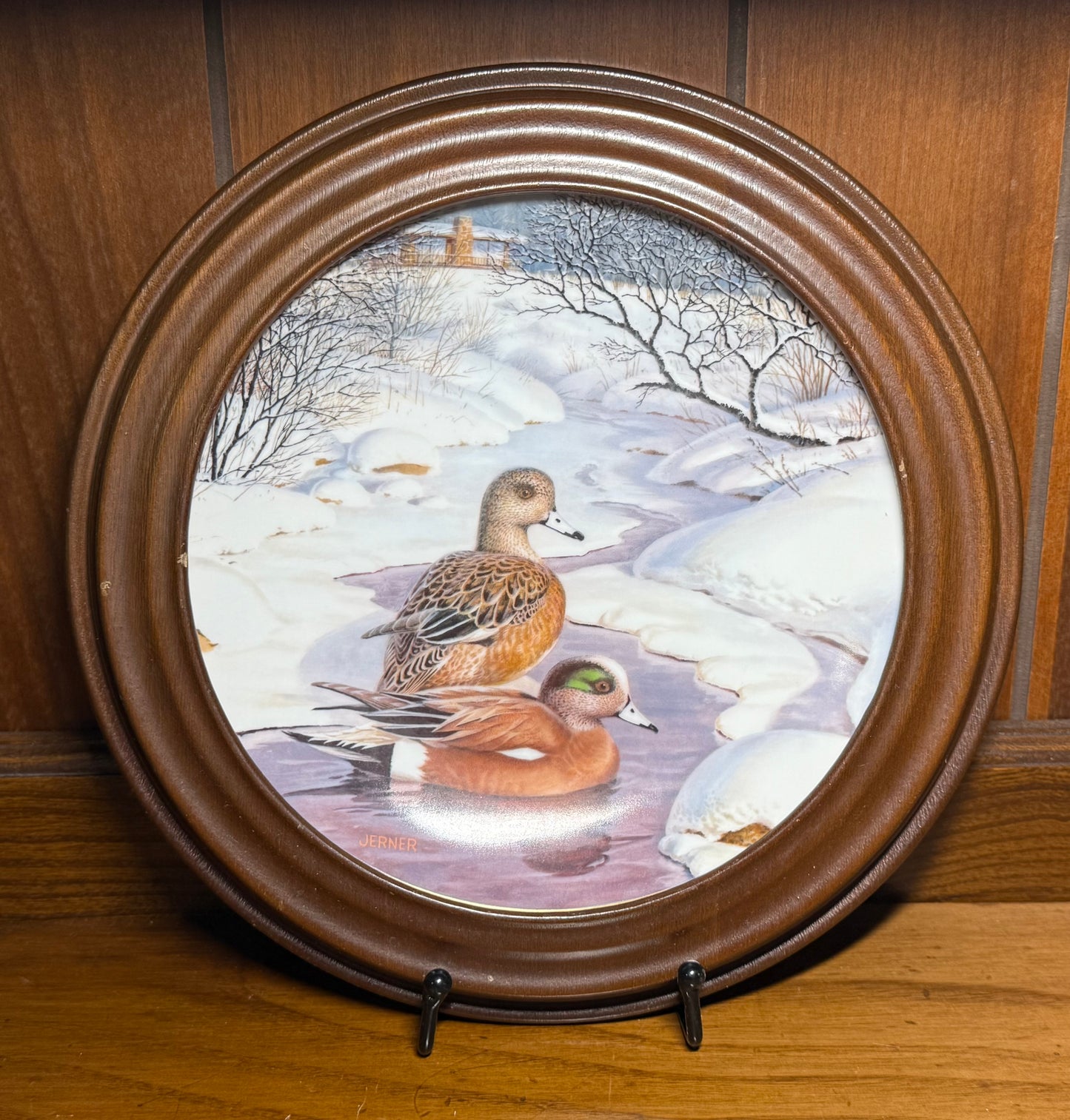 Vintage 1988 Wild Feathered Finds collector plate featuring American Wigeon duck from the Living With Nature series, framed and displayed.