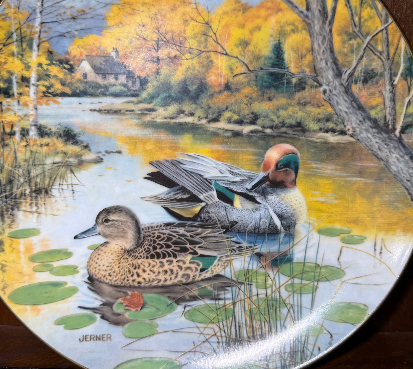 Vintage 1987 Knowles Green-Winged Teal collector plate by Bart Jerner, featuring detailed bird artwork in a classic style.