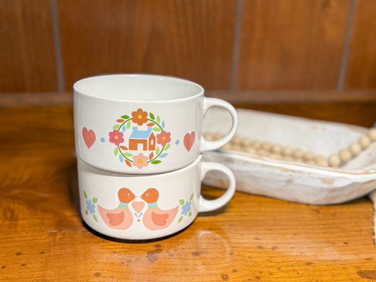 Set of two vintage Pennsylvania Dutch soup bowls by Wild Feathered Finds, 12 oz, featuring folk art duck and heart designs.