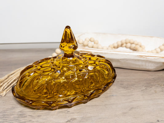 Vintage Amber Glass Covered Butter Dish | Scalloped Floral Pressed Glass