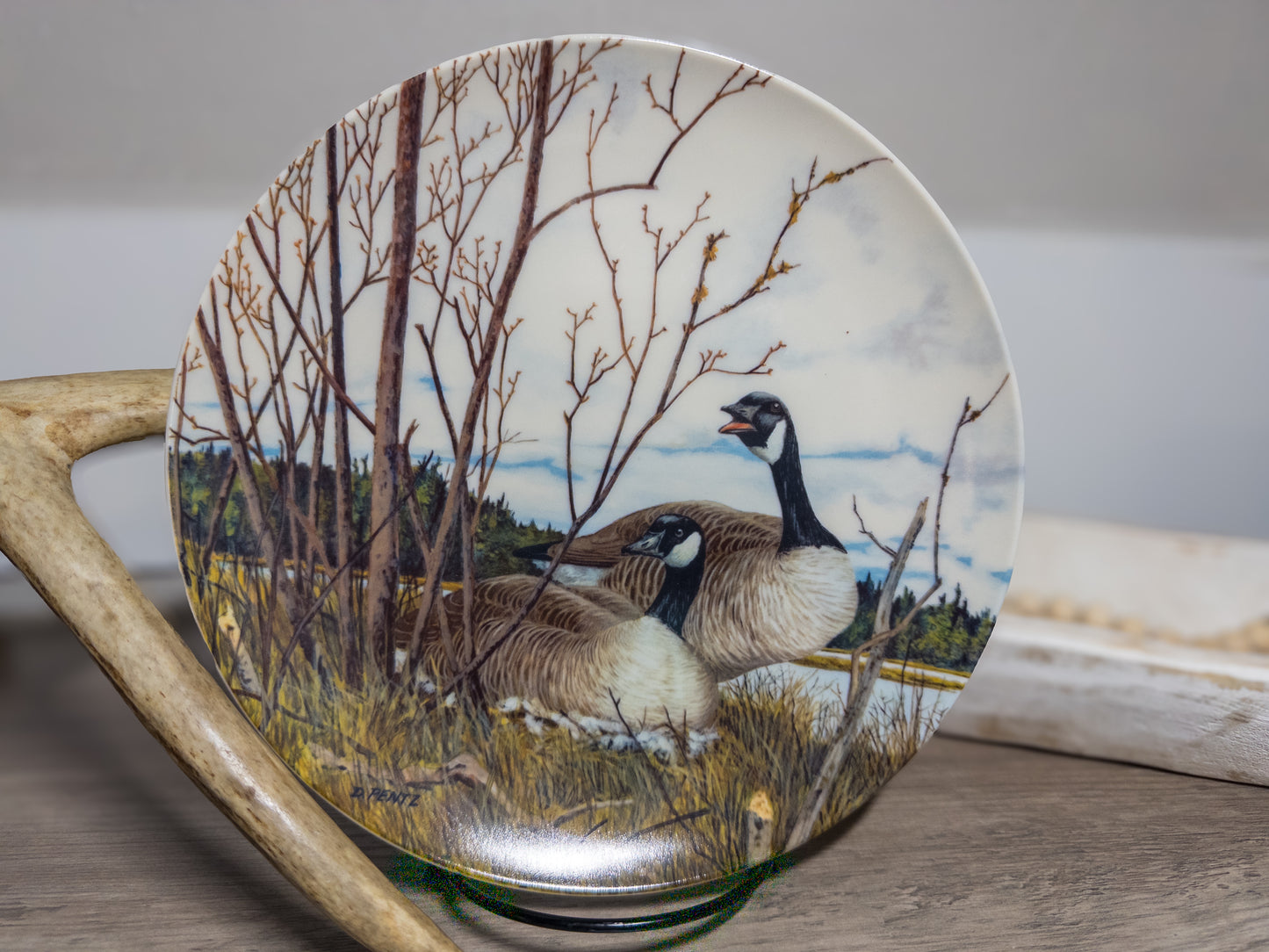 Nesting goose ceramic plate by Donald Pentz, Wings Upon the Wind, 1986, featuring detailed goose illustrations on a decorative plate.