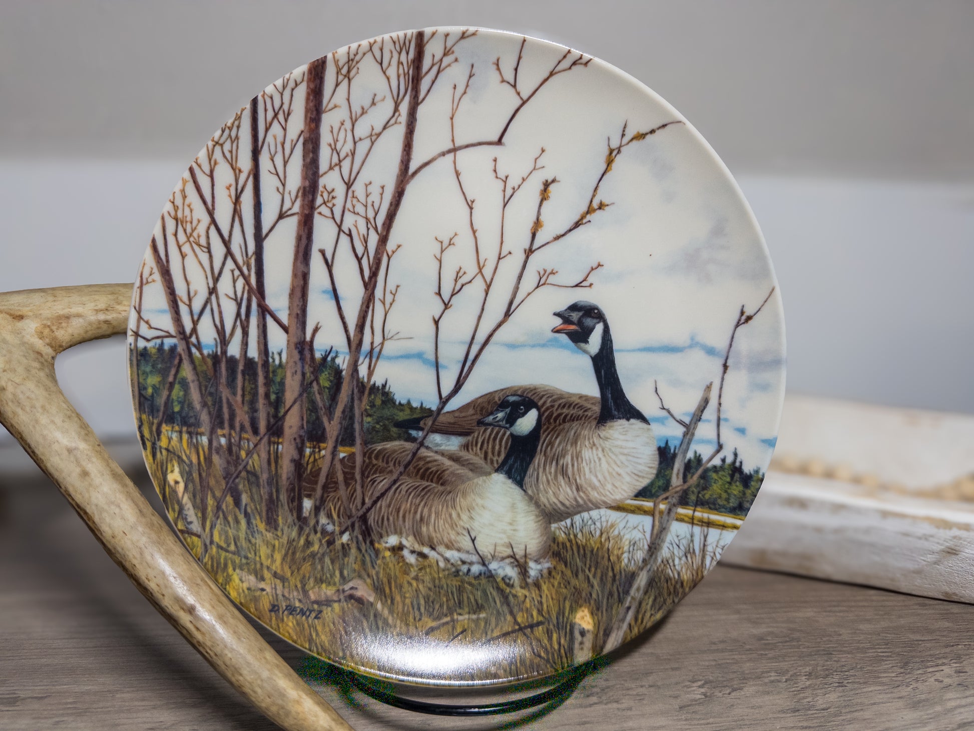 Nesting goose ceramic plate by Donald Pentz, Wings Upon the Wind, 1986, featuring detailed goose illustrations on a decorative plate.