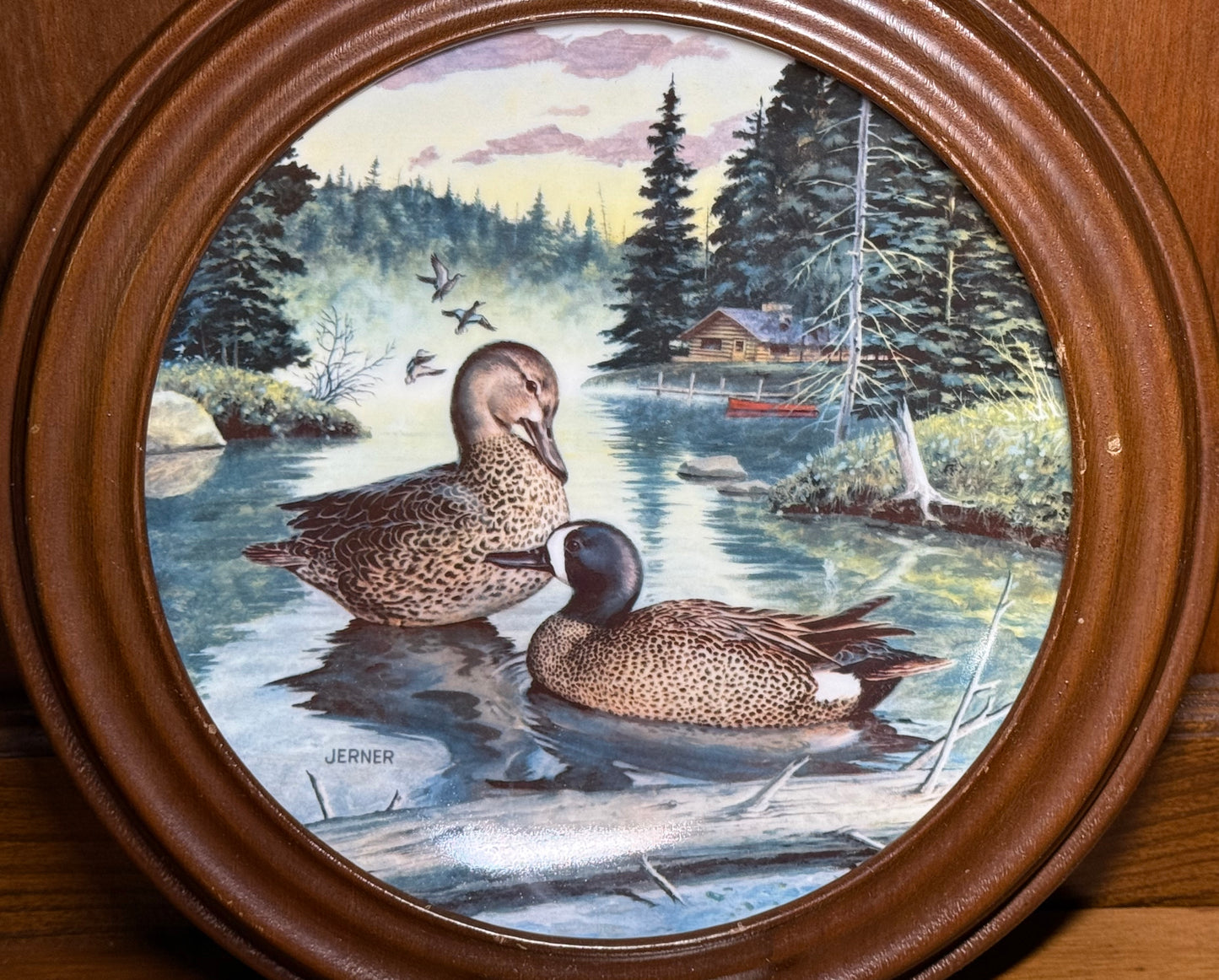 Vintage 1988 Jerner Blue-Winged Teal collector plate from Wild Feathered Finds, framed in a natural setting, part of the Living With Nature series.