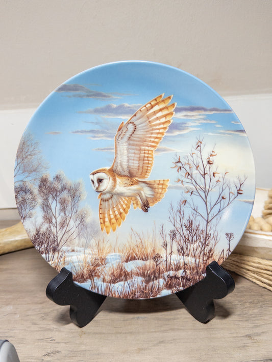 Golden Dusk Owl collector plate from Wild Feathered Finds, part of the Spirits of the Sky series, featuring detailed owl artwork.