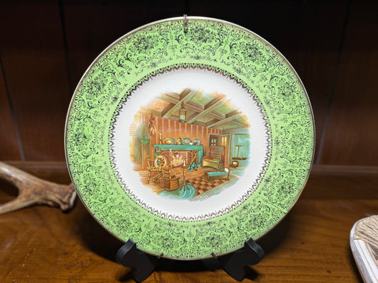 Vintage Imperial Cape Cod decorative plate with 22K gold trim, made in Japan, 11-inch wall-mountable display piece.