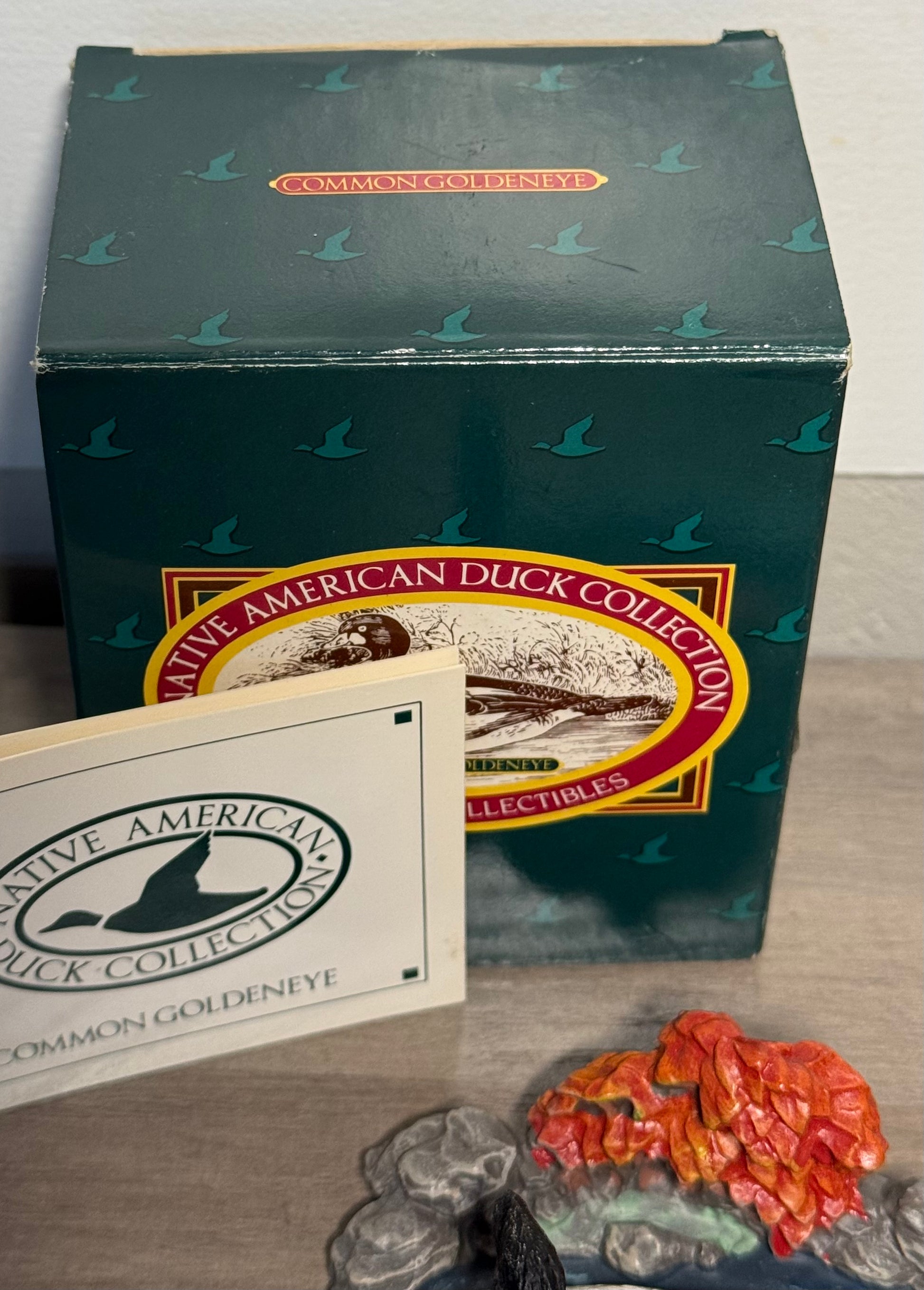Vintage Avon Goldeneye Duck figurine from Native American Collection by Wild Feathered Finds, 1989, displayed with its box.