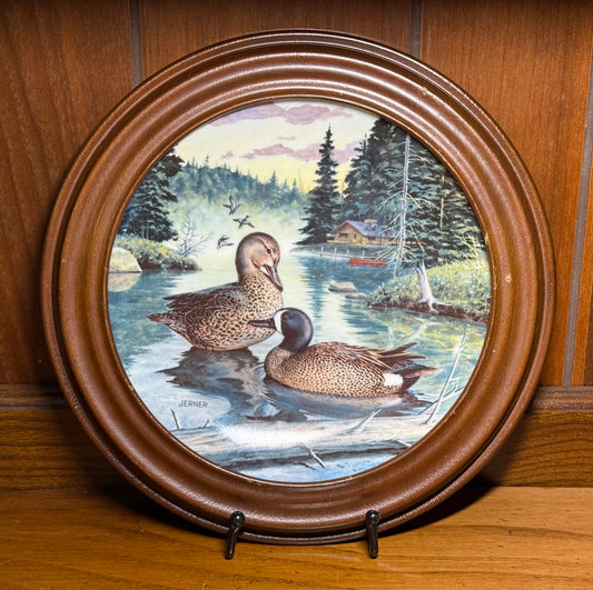 Vintage 1988 Jerner Blue-Winged Teal collector plate from Wild Feathered Finds, framed and part of the Living With Nature series.