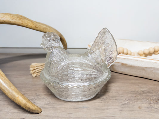 Vintage Clear Glass Hen on Nest Covered Dish – Farmhouse Chicken Candy / Butter Dish