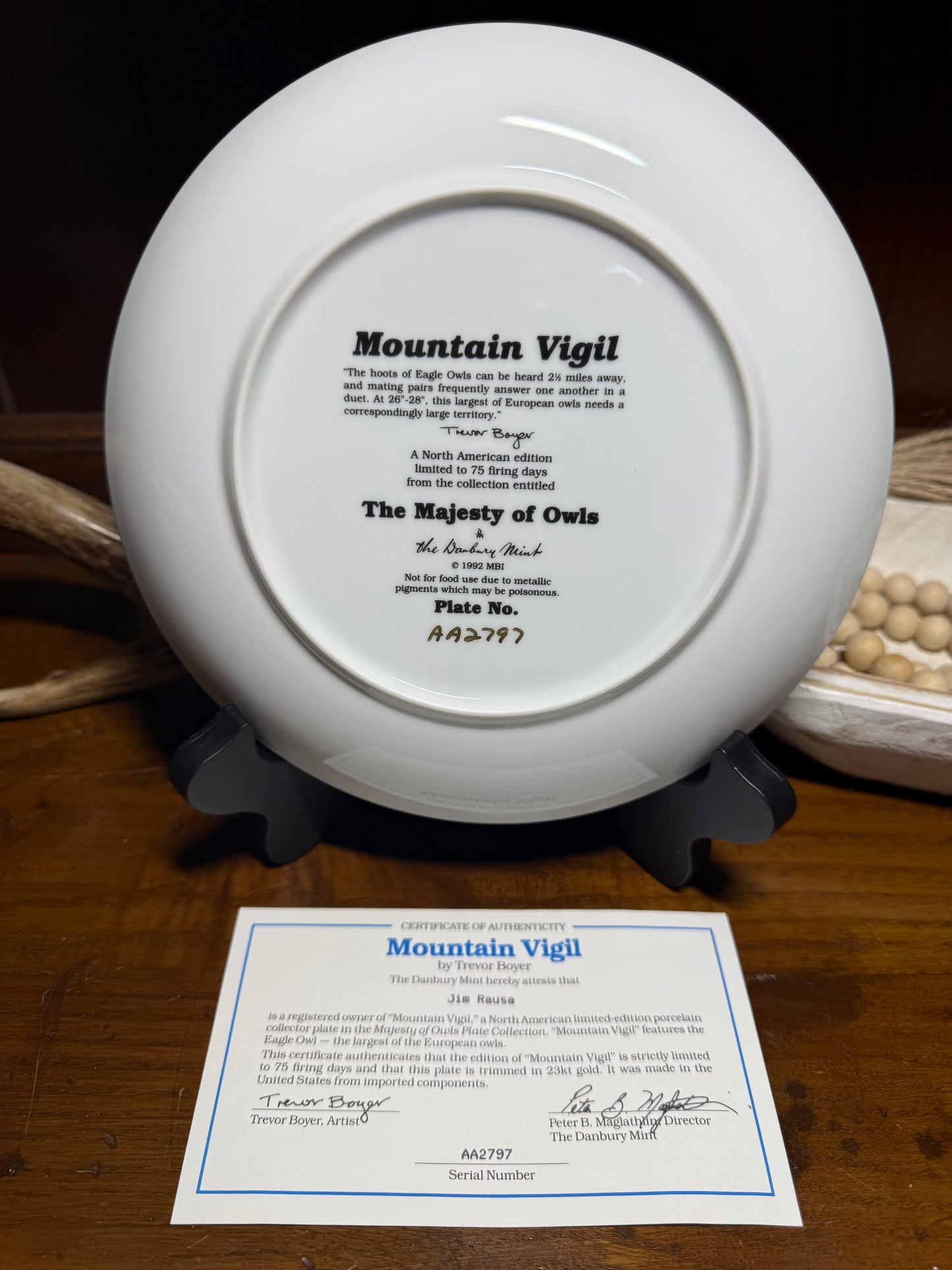 Wild Feathered Finds Mountain Vigil Eagle Owl collector plate featuring detailed owl illustration and certificate of authenticity.