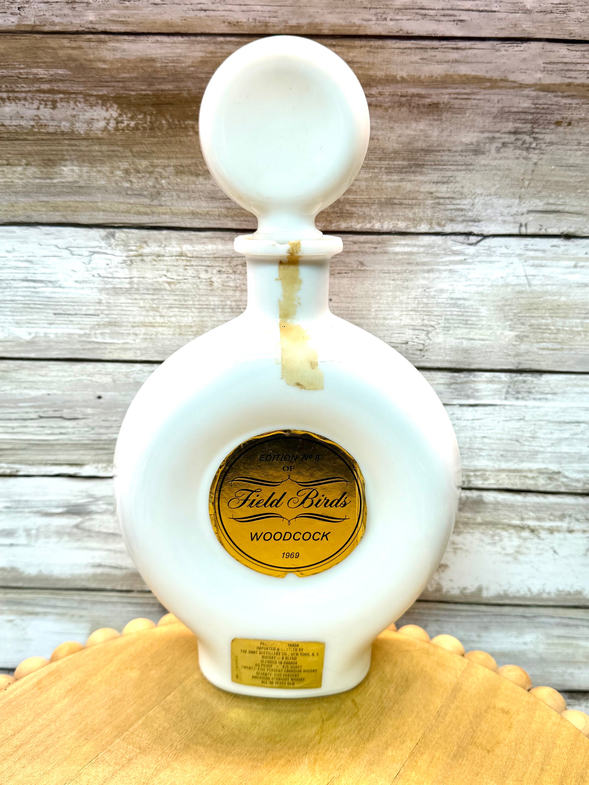 Vintage Woodcock milk glass liquor decanter with wild bird design, edition No. 8, from 1969 by Wild Feathered Finds.
