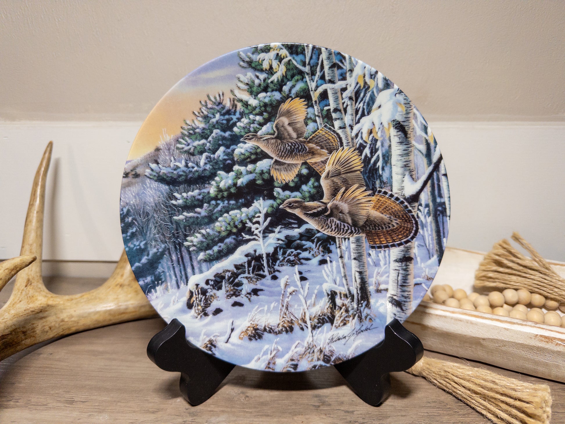 Early Risers upland game bird collector plate by Wilhelm J. Goebel, featuring detailed bird illustrations on a decorative plate.
