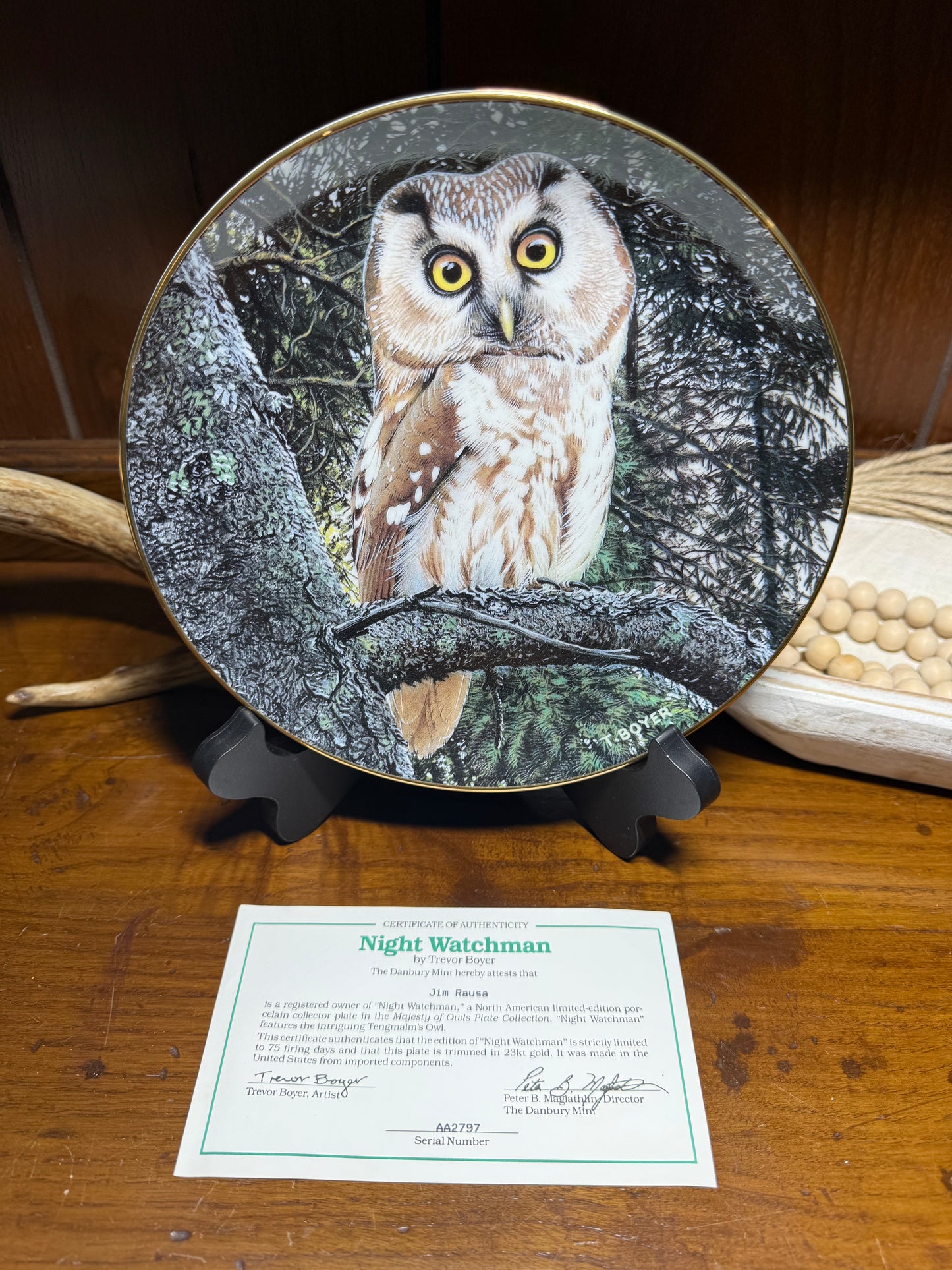 Tengmalm’s Owl collector plate titled “Night Watchman” by Trevor Boyer, part of The Majesty of Owls series, Wild Feathered Finds.