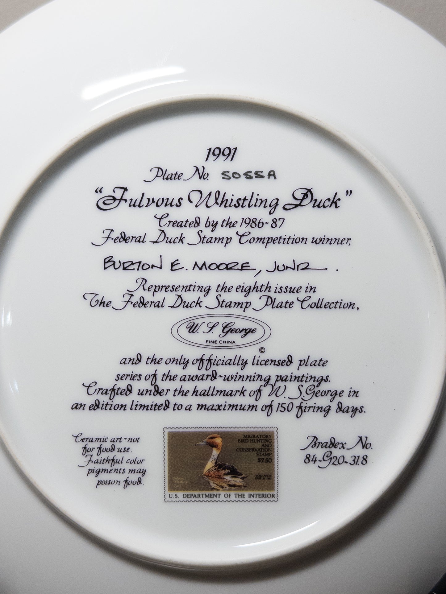 Fulvous whistling duck Federal Duck Stamp plate 1991, Plate #5055A, featuring detailed artwork of the bird with vibrant colors.