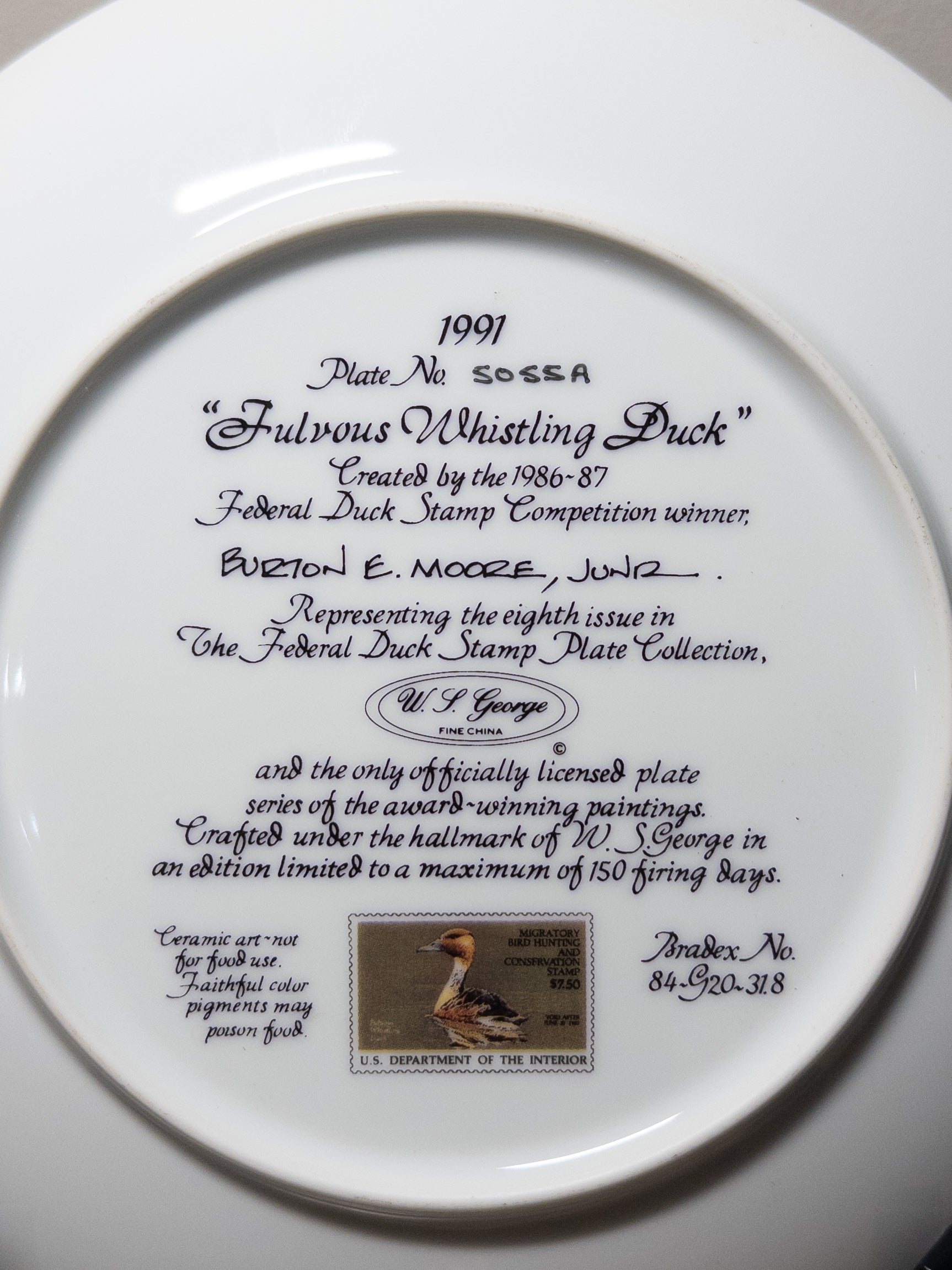 Fulvous whistling duck Federal Duck Stamp plate 1991, Plate #5055A, featuring detailed artwork of the bird with vibrant colors.