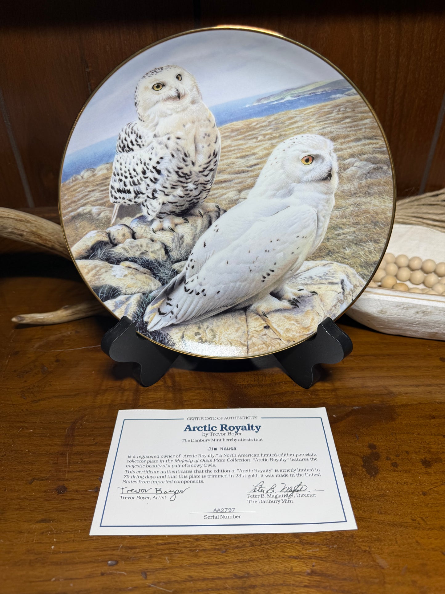 Wild Feathered Finds Arctic Royalty snowy owl collector plate featuring detailed owl artwork and a certificate of authenticity.