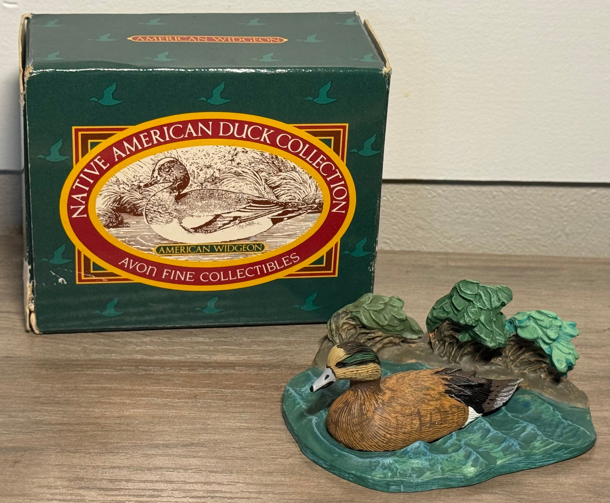 Vintage Avon American Widgeon duck figurine from Wild Feathered Finds, Native American design with original box, 1989 collectible.